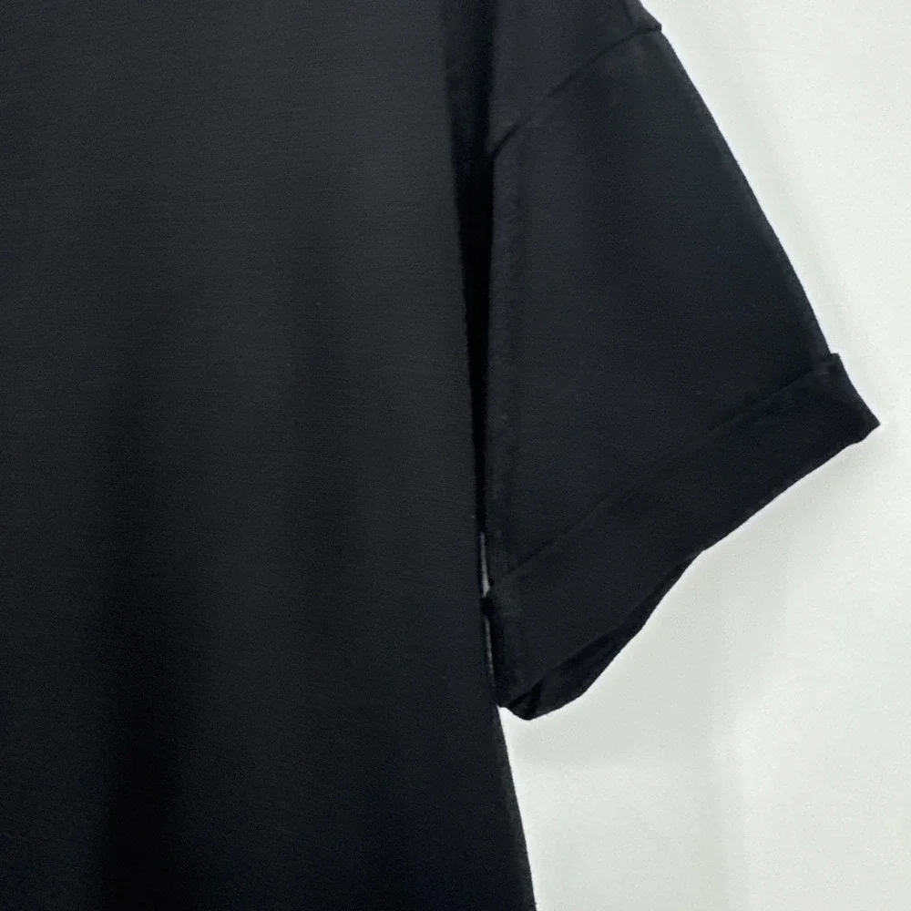 Eileen Fisher Black Organic Cotton Spandex Midi Dress Minimalist Boxy Pockets PM